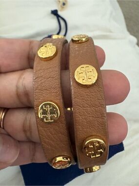 Tory Burch Brown Leather Double Wrap Bracelet with Gold Logo Studs